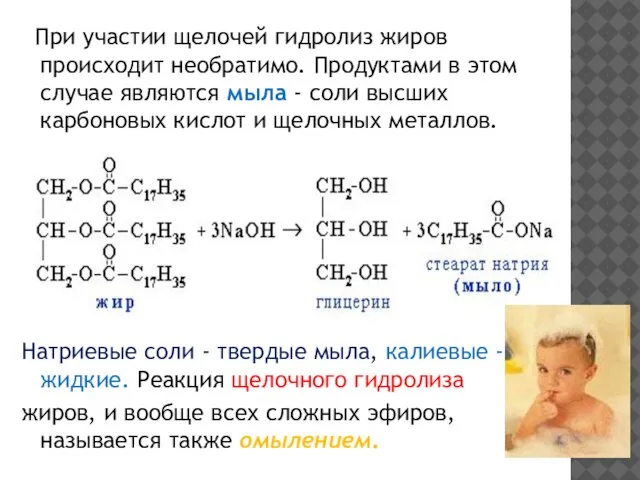 При участии щелочей гидролиз жиров происходит необратимо. Продуктами в этом случае являются