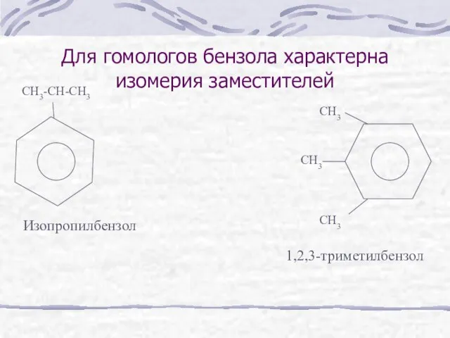 Для гомологов бензола характерна изомерия заместителей CH3-CH-CH3 Изопропилбензол CH3 CH3 CH3 1,2,3-триметилбензол