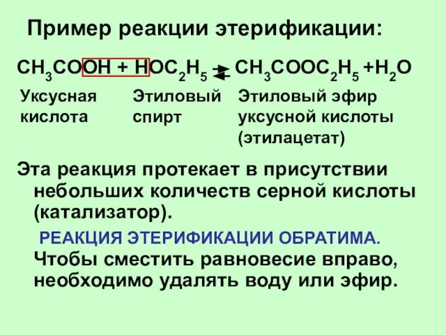 Пример реакции этерификации: CH3COOH + НОС2Н5 CH3COOС2Н5 +H2O Эта реакция протекает в