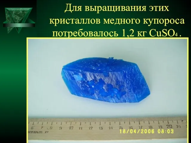 Для выращивания этих кристаллов медного купороса потребовалось 1,2 кг CuSO4 .