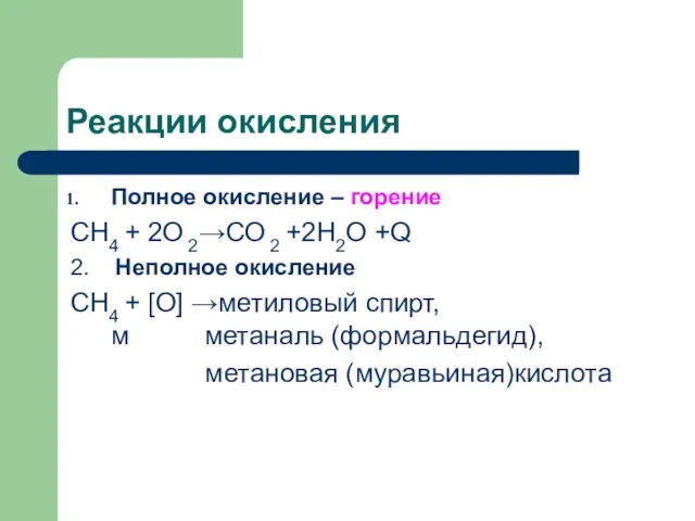 Реакции окисления Полное окисление – горение СН4 + 2О 2→СО 2 +2Н2О