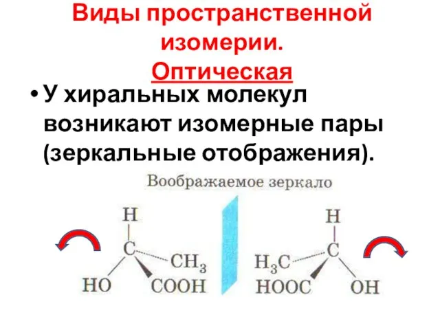 Виды пространственной изомерии. Оптическая У хиральных молекул возникают изомерные пары (зеркальные отображения).