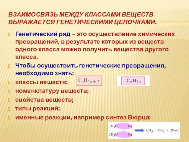 Взаимосвязь между классами веществ выражается генетическими цепочками. Генетический ряд – это осуществление