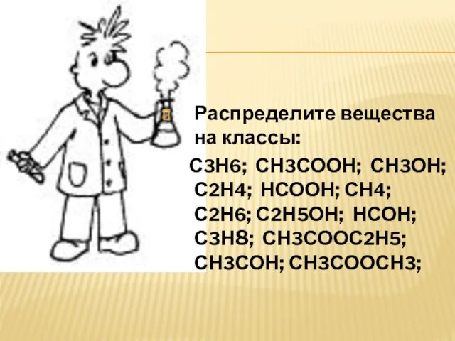 Распределите вещества на классы: С3Н6; СН3СООН; СН3ОН; С2Н4; НСООН; СН4; С2Н6; С2Н5ОН;