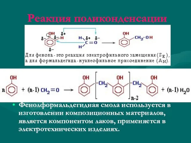 Реакция поликонденсации Фенолформальдегидная смола используется в изготовлении композиционных материалов, является компонентом лаков, применяется в электротехнических изделиях.