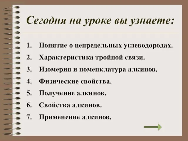 Сегодня на уроке вы узнаете: Понятие о непредельных углеводородах. Характеристика тройной связи.