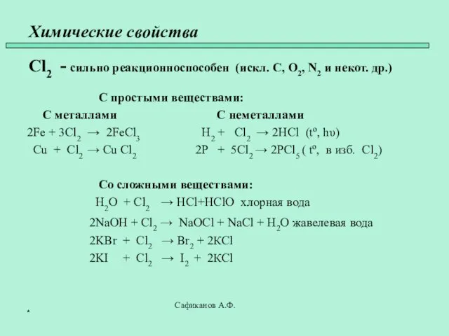 Химические свойства Cl2 - сильно реакционноспособен (искл. C, O2, N2 и некот.