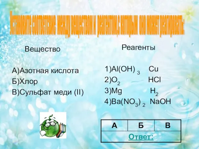 Вещество А)Азотная кислота Б)Хлор В)Сульфат меди (II) Реагенты 1)Al(OH) 3 Cu 2)O2