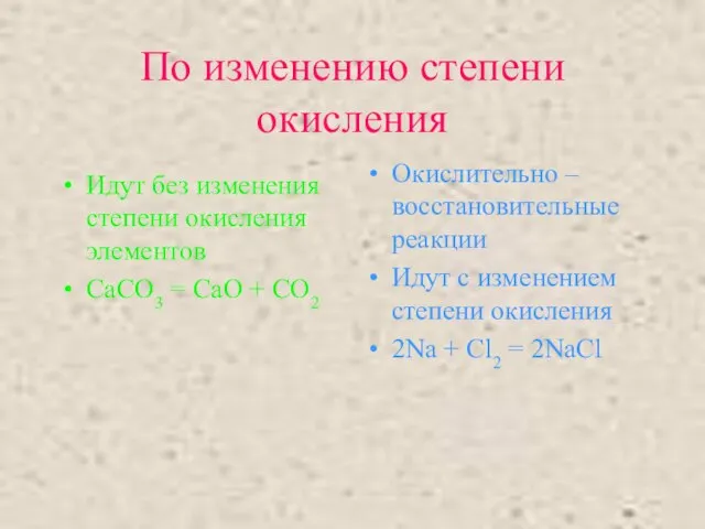 По изменению степени окисления Идут без изменения степени окисления элементов CaCO3 =