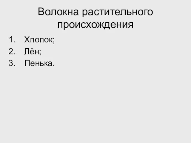 Волокна растительного происхождения Хлопок; Лён; Пенька.