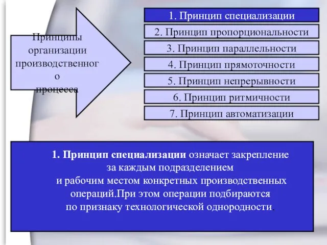 Принципы организации производственного процесса 1. Принцип специализации означает закрепление за каждым подразделением