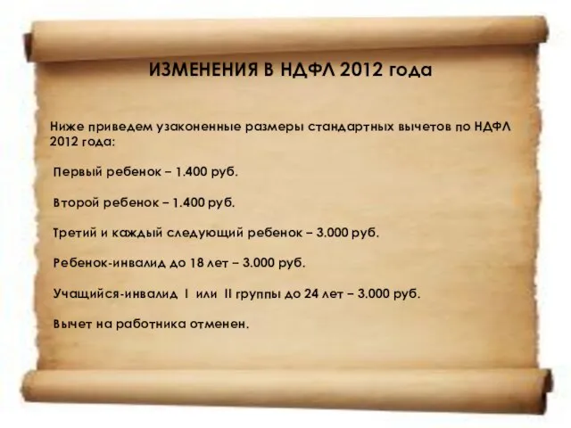 ИЗМЕНЕНИЯ В НДФЛ 2012 года Ниже приведем узаконенные размеры стандартных вычетов по