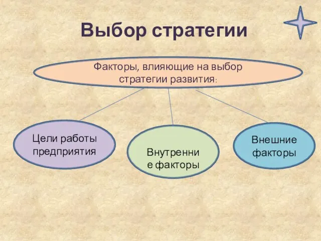 Выбор стратегии Цели работы предприятия Внутренние факторы Внешние факторы Факторы, влияющие на выбор стратегии развития: