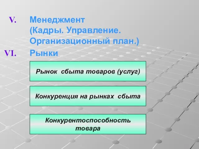 Менеджмент (Кадры. Управление. Организационный план.) Рынки Рынок сбыта товаров (услуг) Конкуренция на рынках сбыта Конкурентоспособность товара