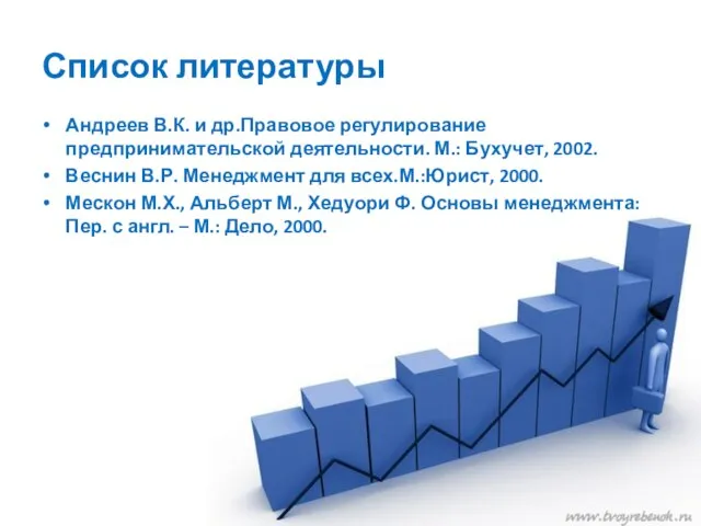 Список литературы Андреев В.К. и др.Правовое регулирование предпринимательской деятельности. М.: Бухучет, 2002.