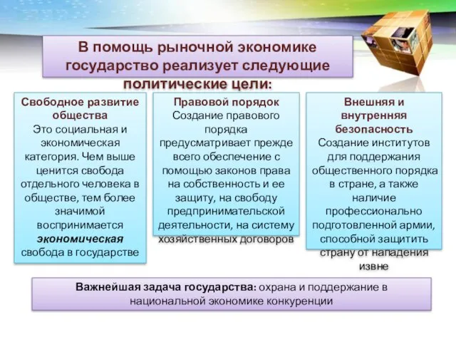 В помощь рыночной экономике государство реализует следующие политические цели: Свободное развитие общества