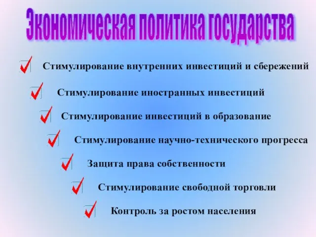 Экономическая политика государства Стимулирование внутренних инвестиций и сбережений Стимулирование иностранных инвестиций Стимулирование