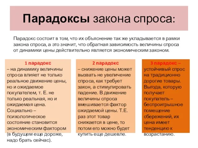 Парадоксы закона спроса: Парадокс состоит в том, что их объяснение так же