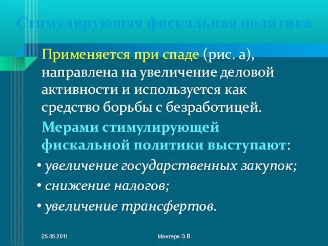 Стимулирующая фискальная политика Применяется при спаде (рис. а), направлена на увеличение деловой