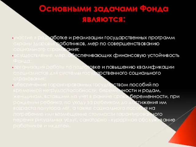 Основными задачами Фонда являются: участие в разработке и реализации государственных программ охраны