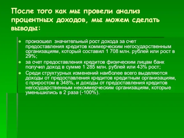 После того как мы провели анализ процентных доходов, мы можем сделать выводы: