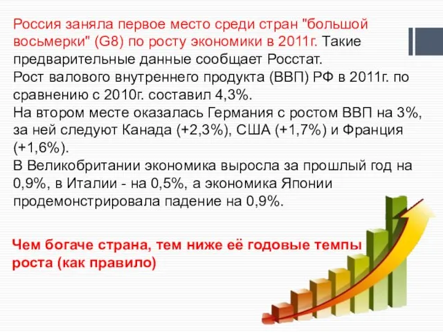 Россия заняла первое место среди стран "большой восьмерки" (G8) по росту экономики