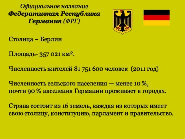 Официальное название Федеративная Республика Германия (ФРГ) Столица – Берлин Площадь- 357 021