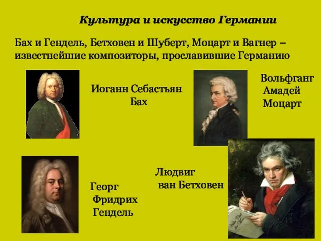 Бах и Гендель, Бетховен и Шуберт, Моцарт и Вагнер –известнейшие композиторы, прославившие