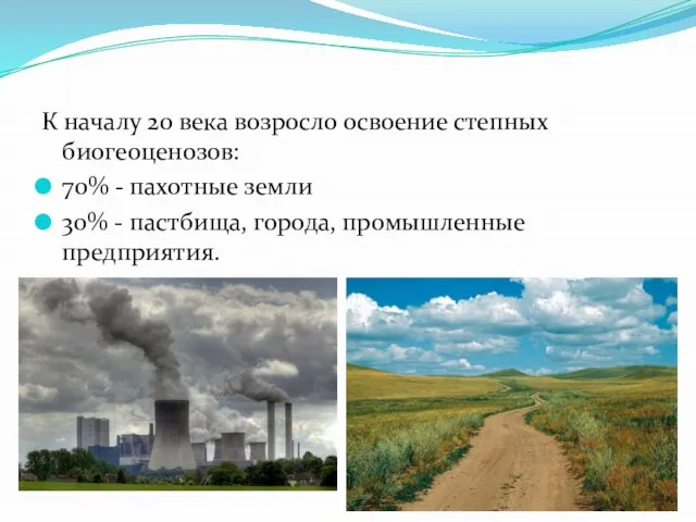 К началу 20 века возросло освоение степных биогеоценозов: 70% - пахотные земли