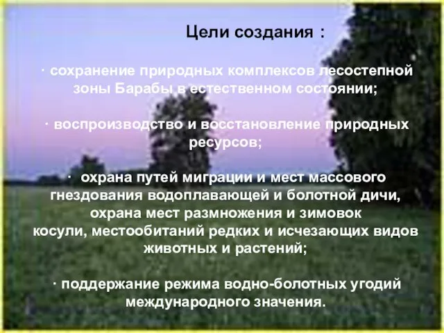 Цели создания : · сохранение природных комплексов лесостепной зоны Барабы в естественном