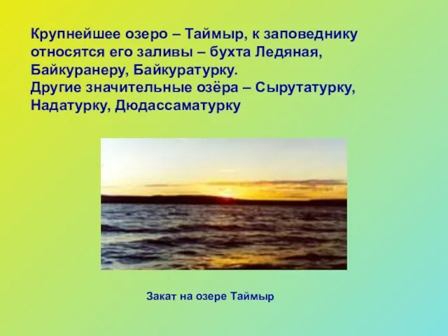 Крупнейшее озеро – Таймыр, к заповеднику относятся его заливы – бухта Ледяная,