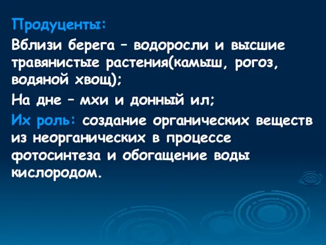 Продуценты: Вблизи берега – водоросли и высшие травянистые растения(камыш, рогоз, водяной хвощ);