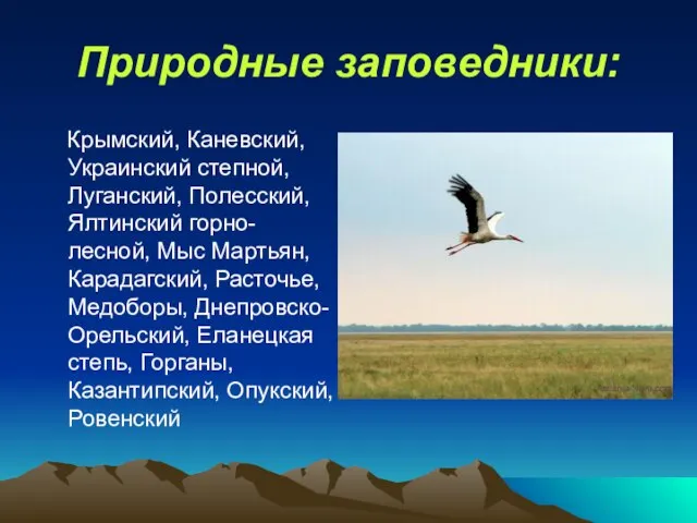 Природные заповедники: Крымский, Каневский, Украинский степной, Луганский, Полесский, Ялтинский горно-лесной, Мыс Мартьян,