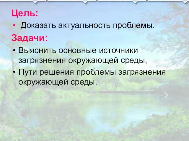 Цель: Доказать актуальность проблемы. Задачи: Выяснить основные источники загрязнения окружающей среды, Пути