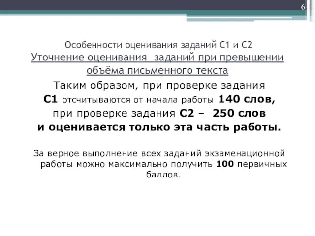 Особенности оценивания заданий С1 и С2 Уточнение оценивания заданий при превышении объёма