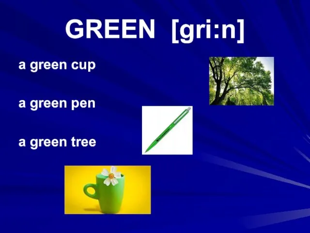 GREEN [gri:n] a green cup a green pen a green tree