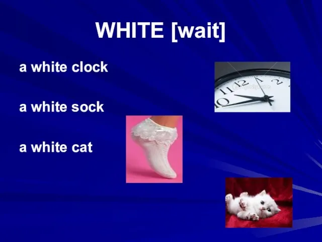 WHITE [wait] a white clock a white sock a white cat