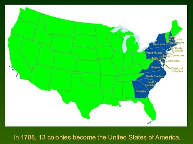 In 1788, 13 colonies become the United States of America.