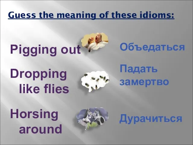 Guess the meaning of these idioms: Объедаться Падать замертво Дурачиться Pigging out