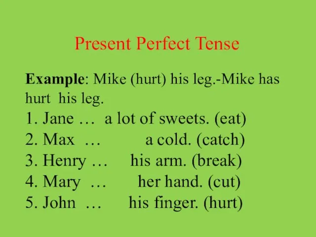 Present Perfect Tense Example: Mike (hurt) his leg.-Mike has hurt his leg.