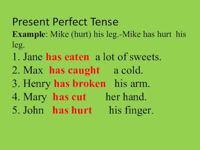 Present Perfect Tense Example: Mike (hurt) his leg.-Mike has hurt his leg.
