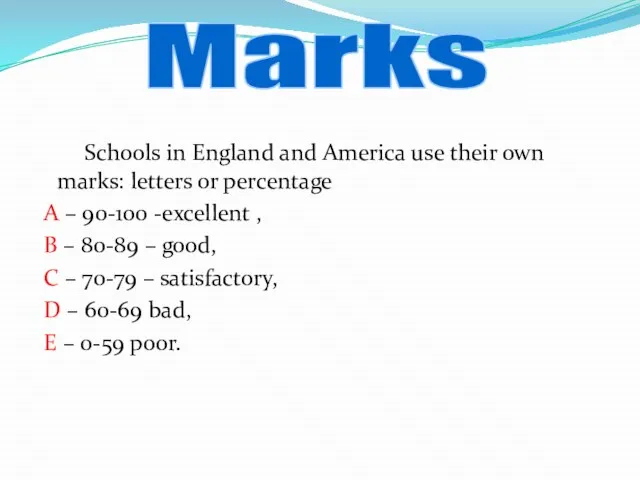 Schools in England and America use their own marks: letters or percentage