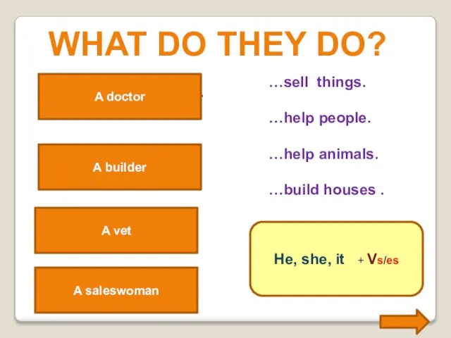 A vet helps animals. What do they do? A vet …sell things.