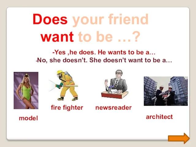 Does your friend want to be …? -Yes ,he does. He wants