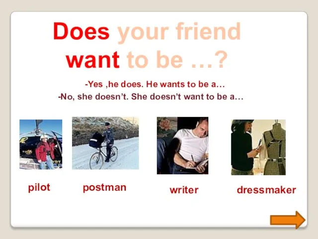 Does your friend want to be …? -Yes ,he does. He wants