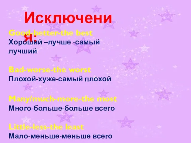 Исключения: Good-better-the best Хороший –лучше -самый лучший Bad-worse-the worst Плохой-хуже-самый плохой Many/much-more-the