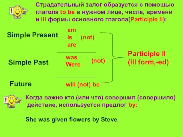 Страдательный залог образуется с помощью глагола to be в нужном лице, числе,