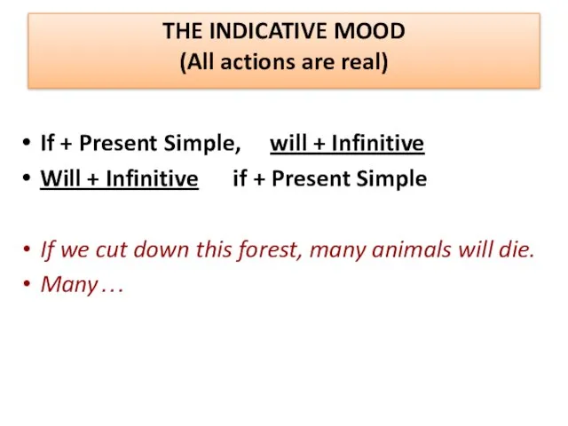 THE INDICATIVE MOOD (All actions are real) If + Present Simple, will