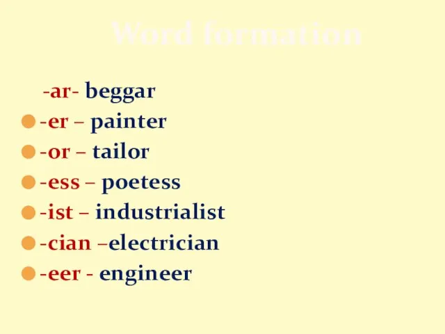 Word formation -ar- beggar -er – painter -or – tailor -ess –