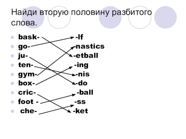 Найди вторую половину разбитого слова. bask- -lf go- -nastics ju- -etball ten-